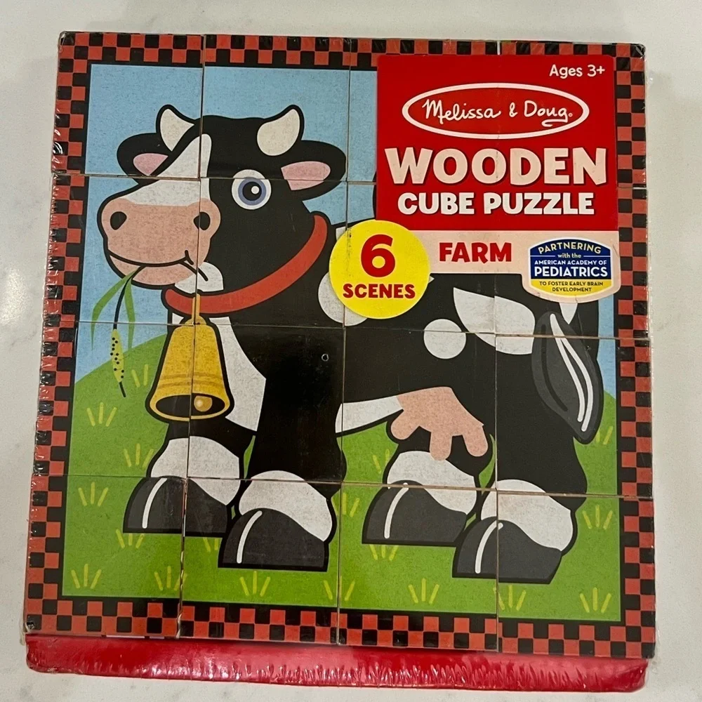 Melissa & Doug Farm Wooden Cube Puzzle - Black and White Cow